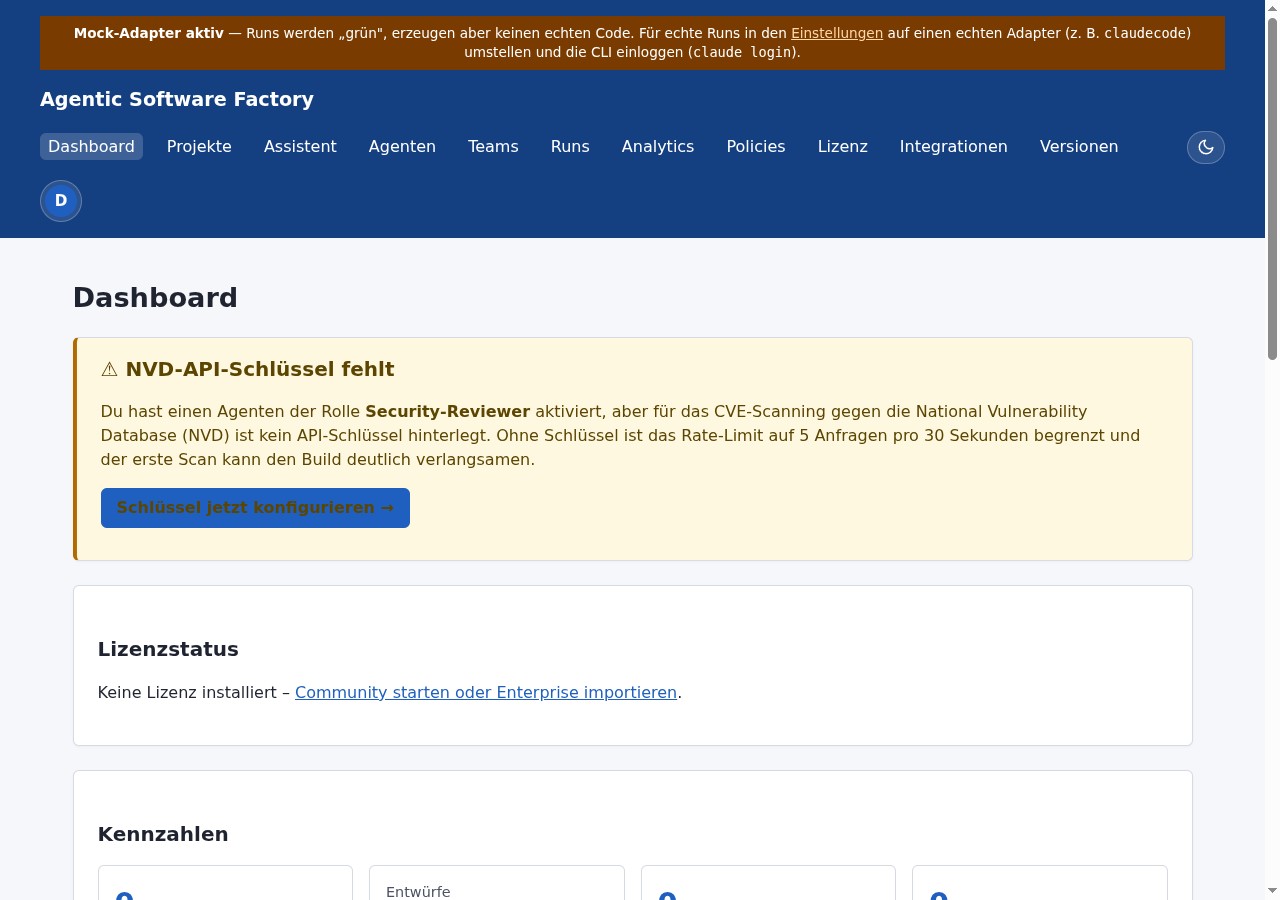The dashboard of the demo instance (German UI)