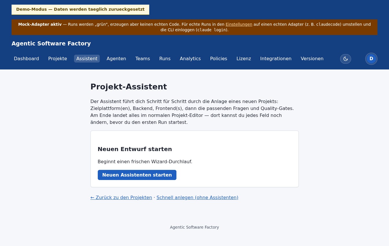 Der Projekt-Assistent der Softwarefabrik im Browser